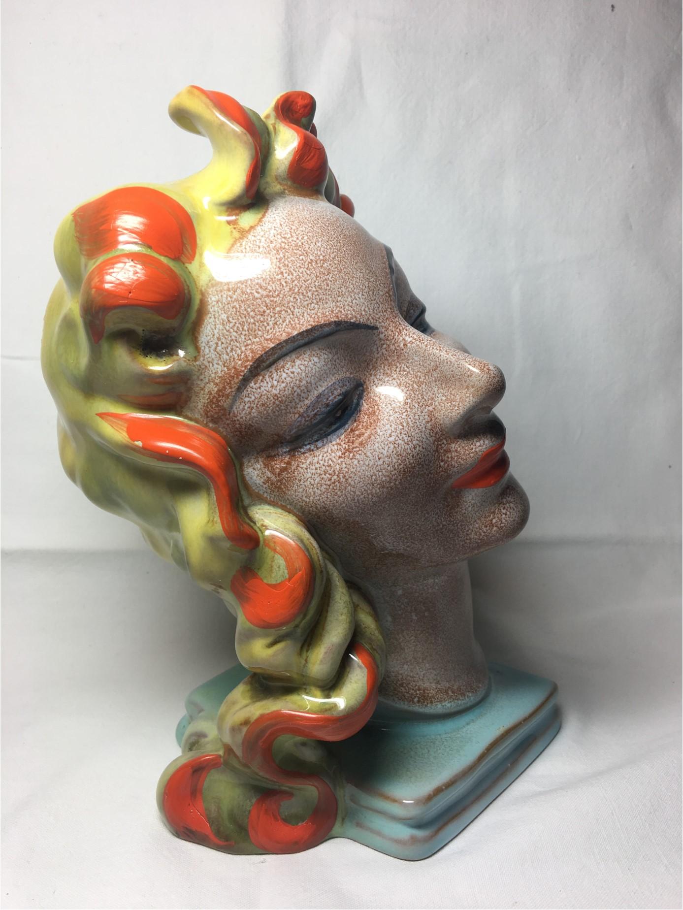 Expressive Art Deco Womans Ceramic Head from the Late 1930s Early 1940s For Sale 2