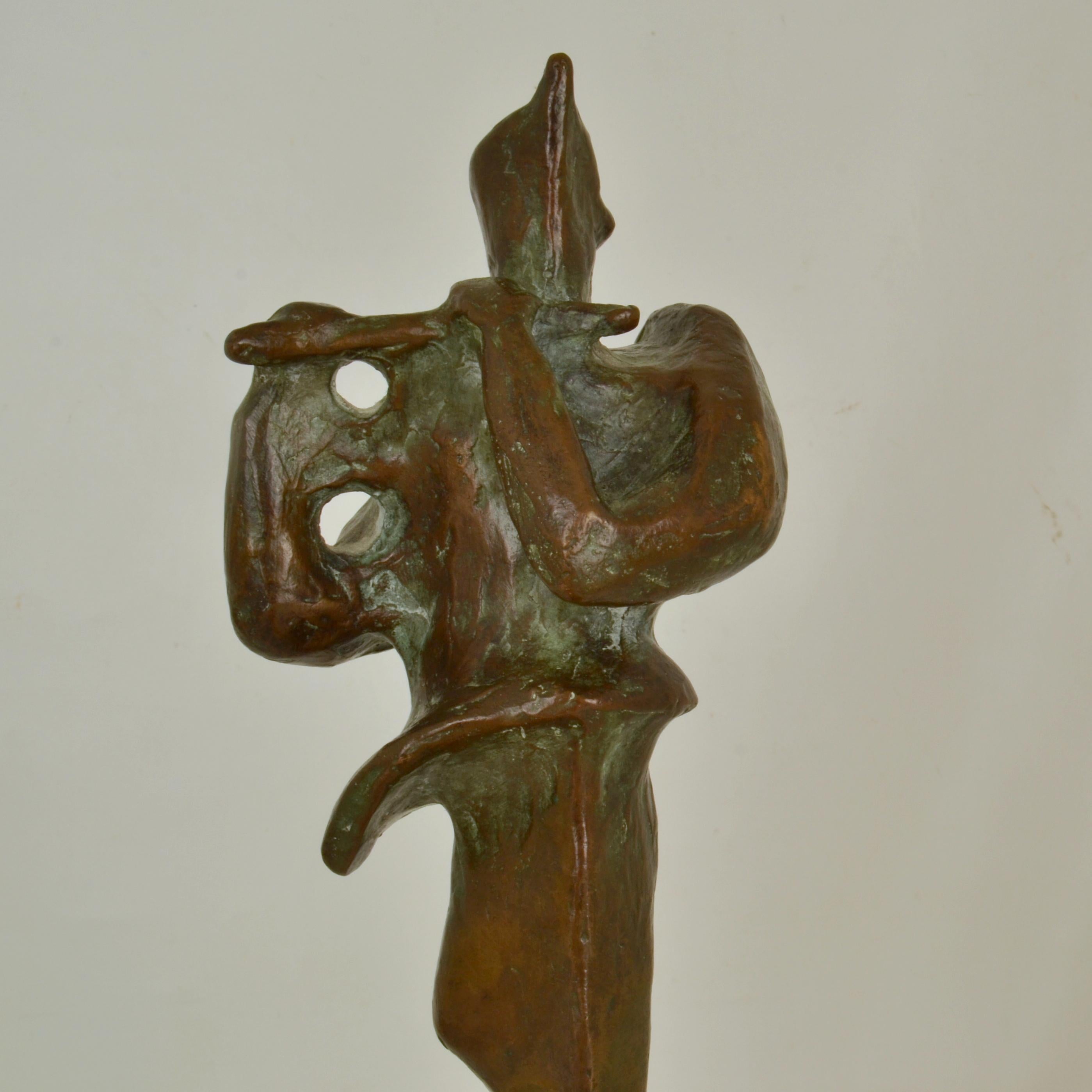 Mid-Century Modern Expressive Bronze Sculpture of Flute Player For Sale