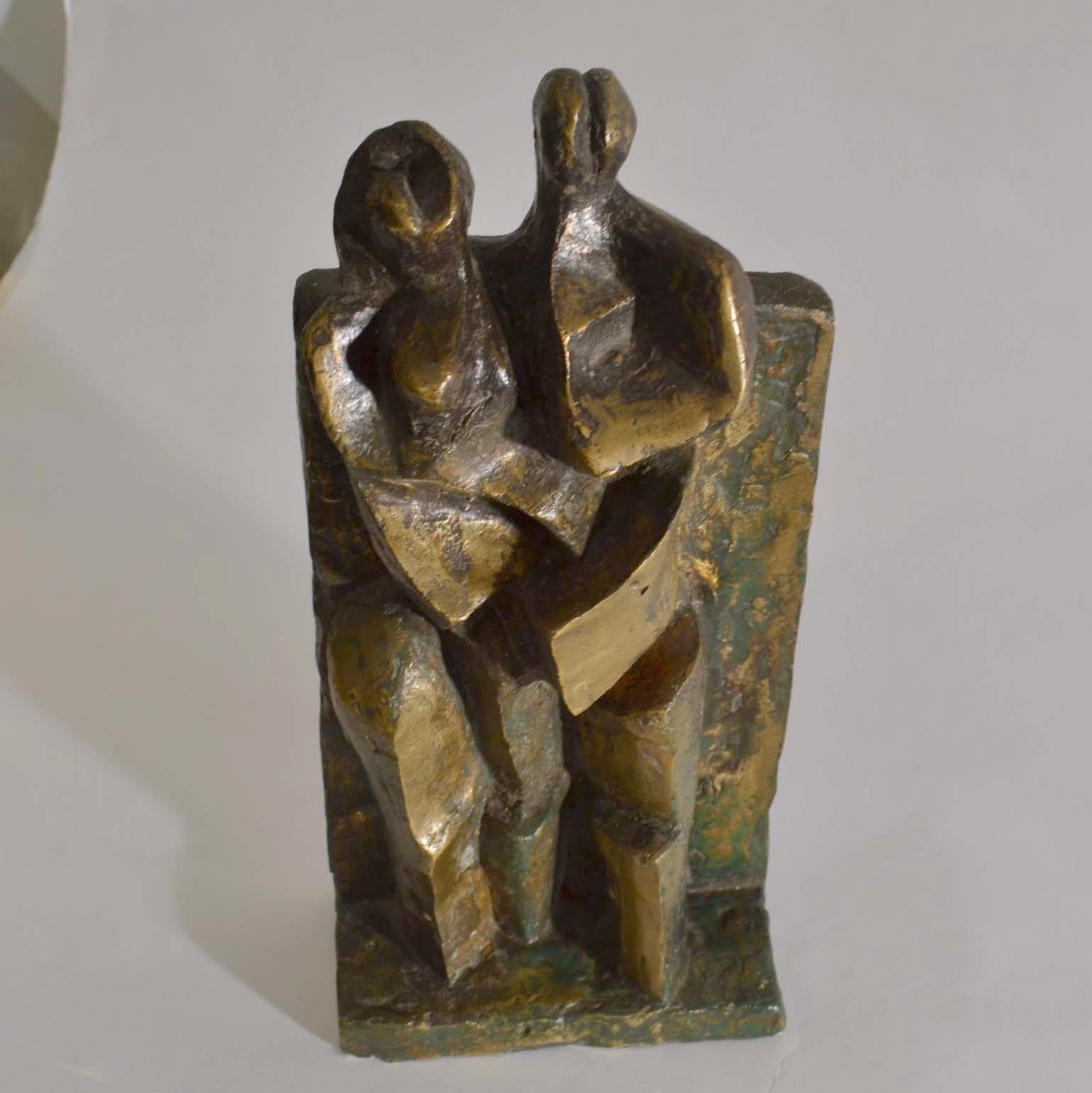 Cast Cubist Style Bronze Sculpture of Man, Women and Child, Dutch 1960's For Sale