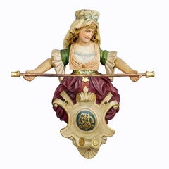 Expressive Carved Wooden Lady Towel Holder ca. 1900