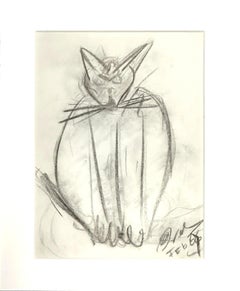 Expressive Cat Drawing Framed 1966 Dutch