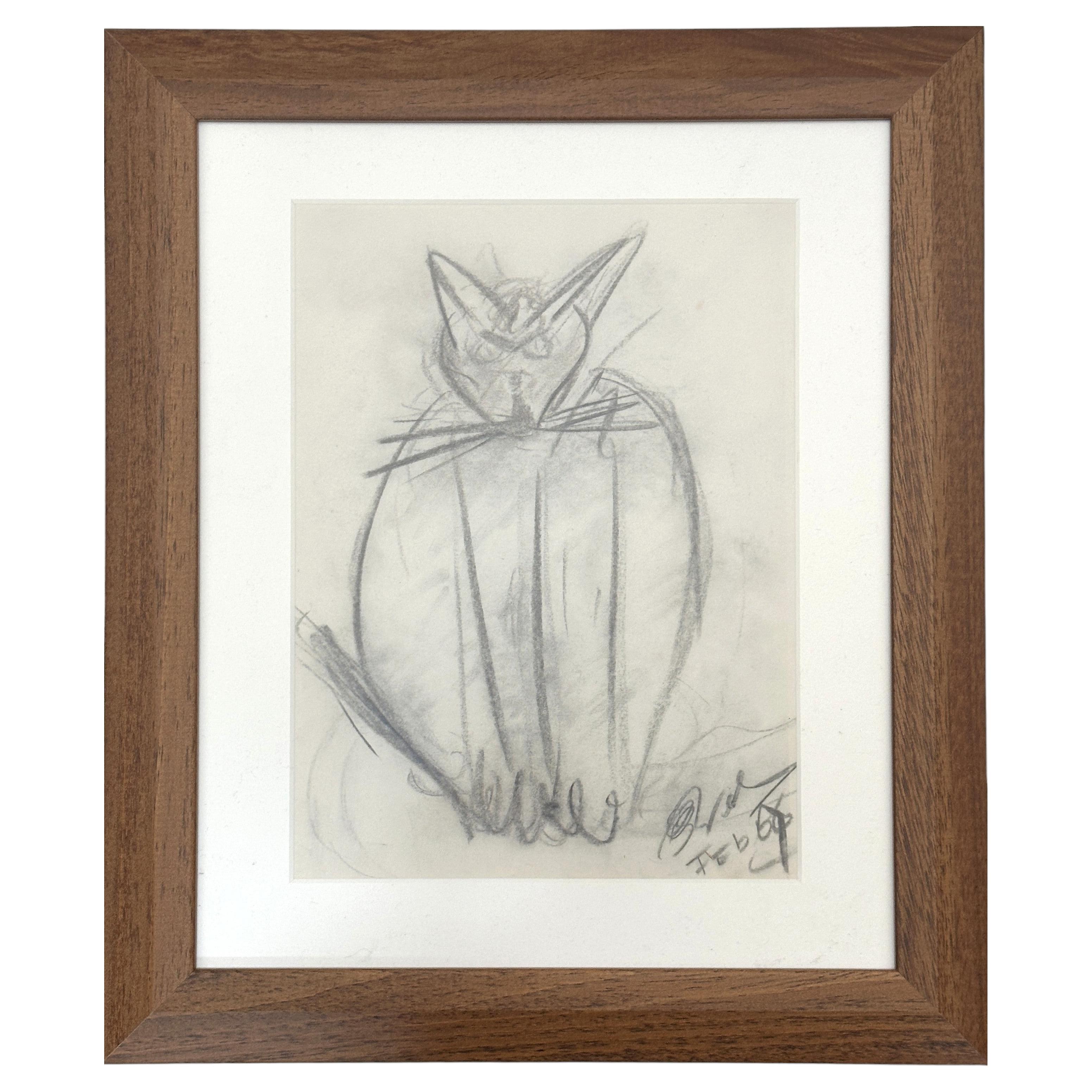 Expressive Cat Drawing, Pencil on Paper, Mid-Century Modern, Signed For Sale