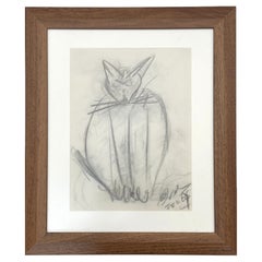 Expressive Cat Drawing Framed 1966 Dutch