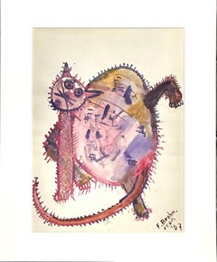 Expressive Cat in Watercolour Framed 1967 Dutch