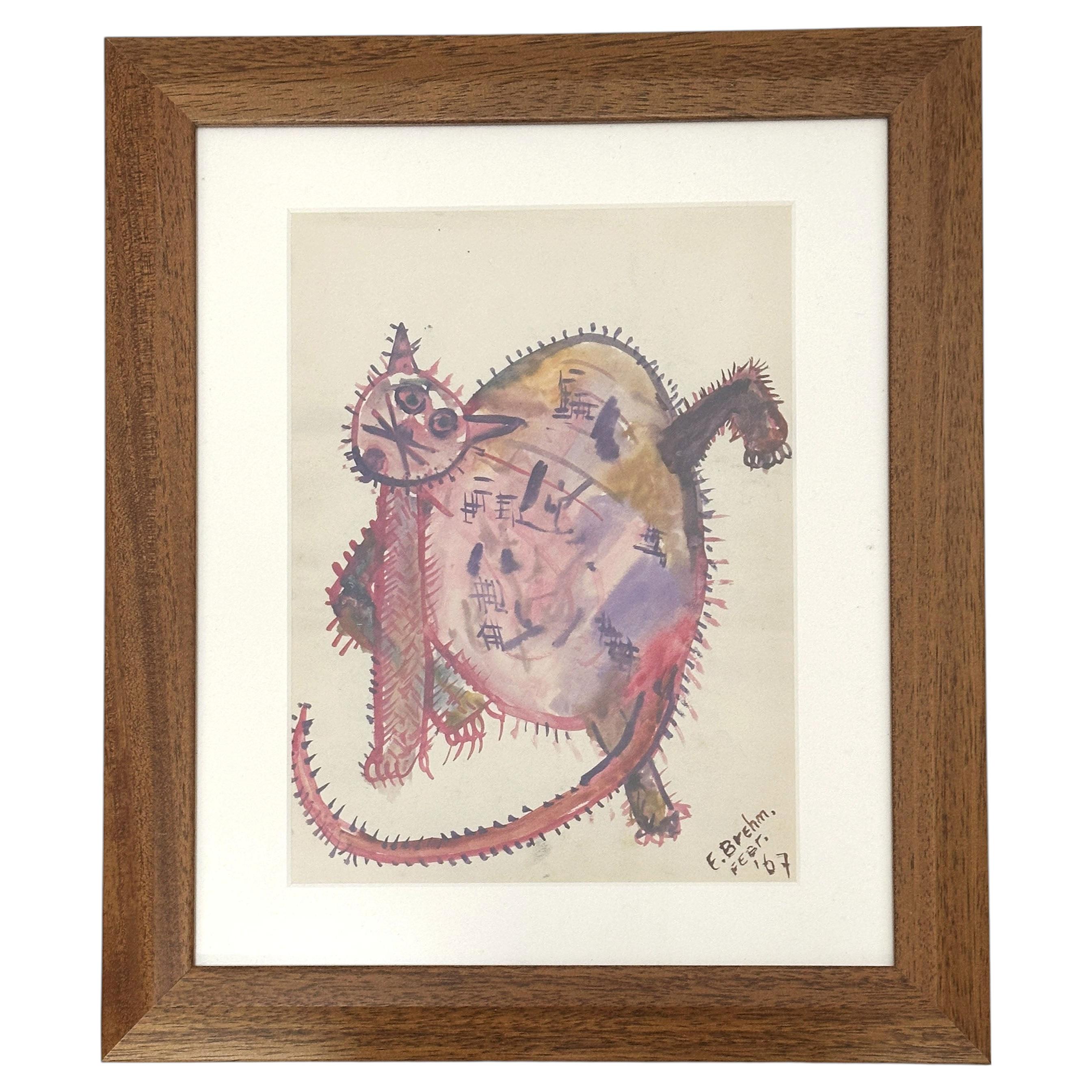 Expressive Cat Watercolor Drawing, Mid-Century Modern, Framed, 1966 For Sale