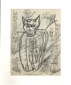 Disegno di gatto espressivo con gattini incorniciato 1966 olandese