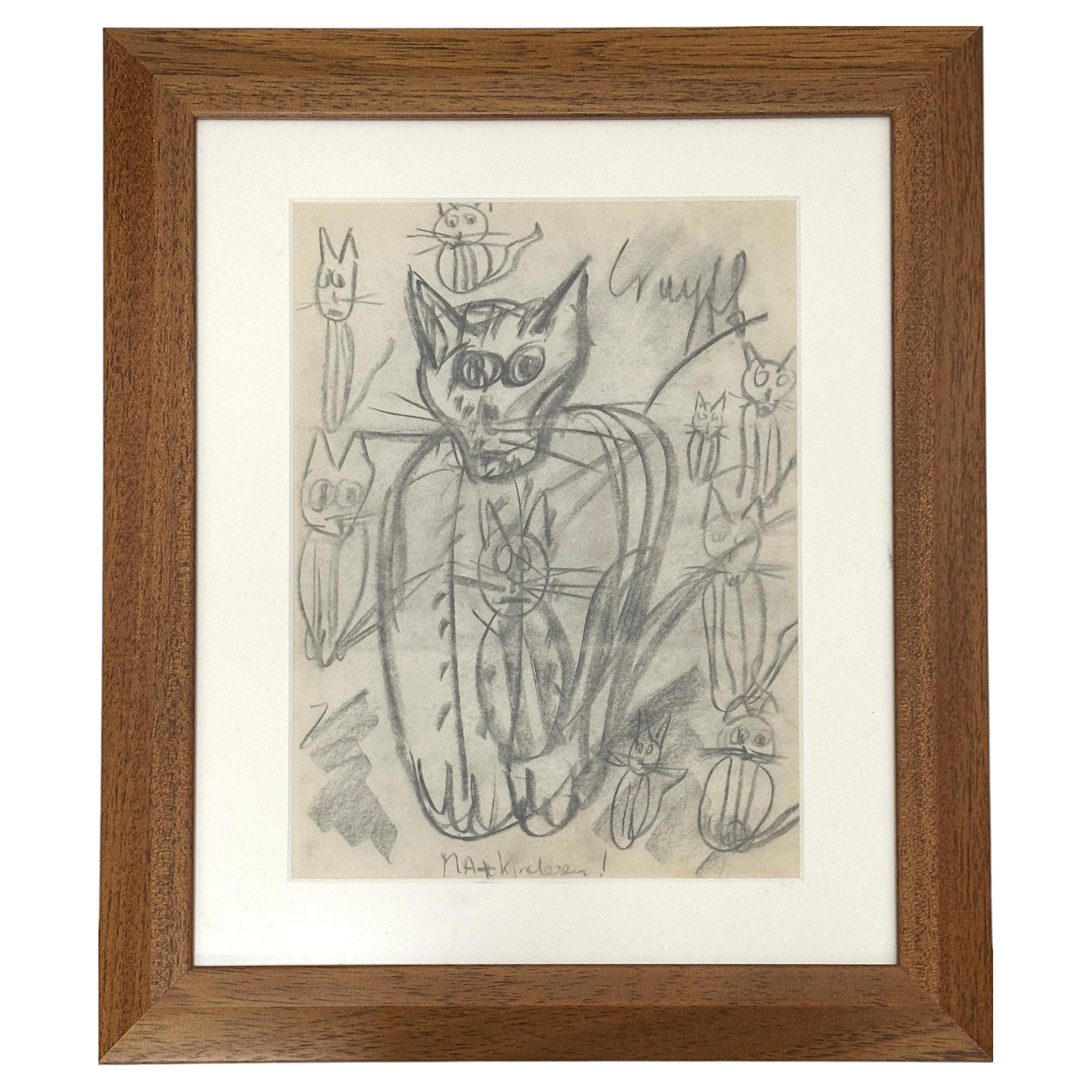 Expressive Cat with Kittens Drawing Framed 1966 Dutch For Sale