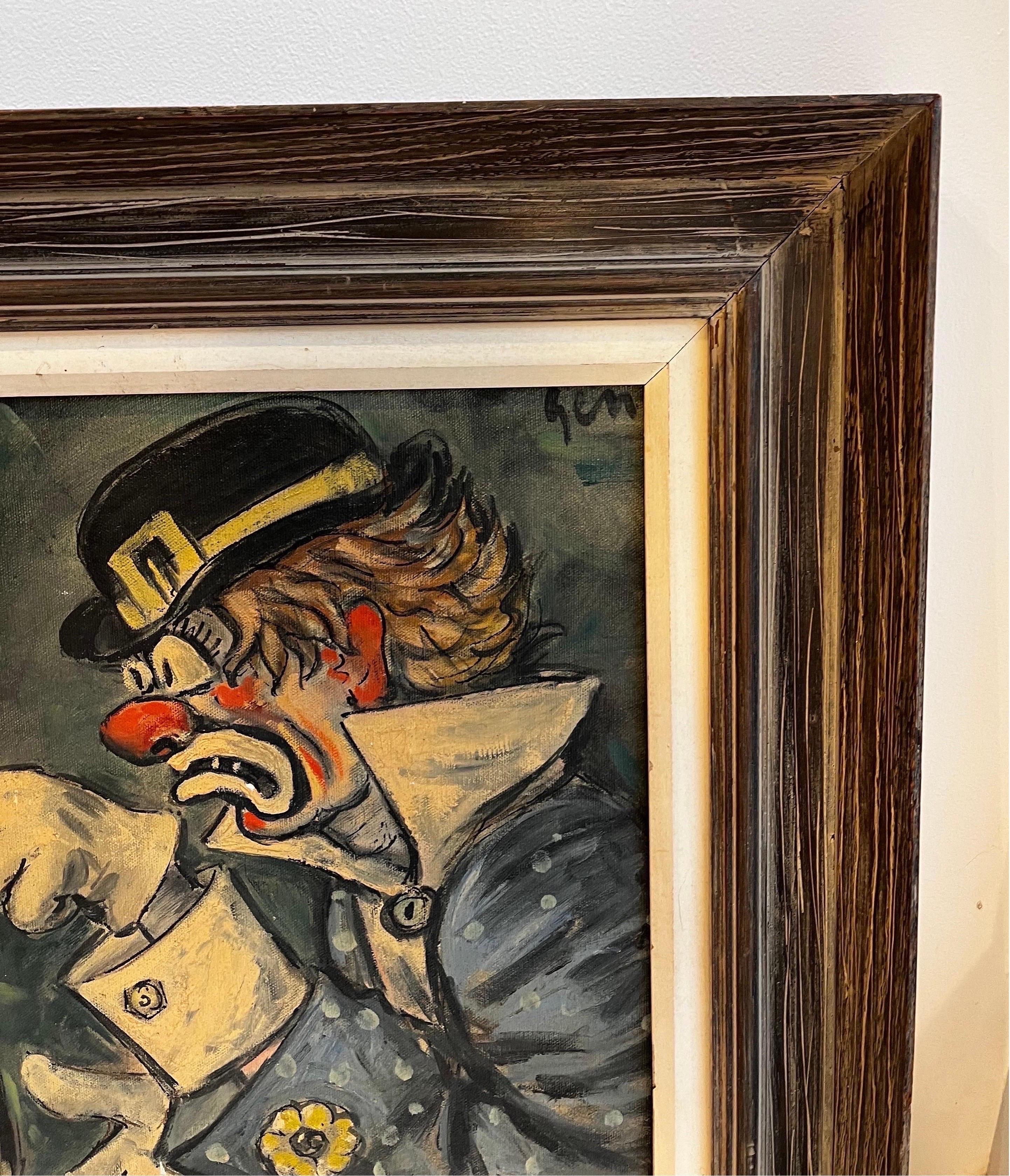 Mid-Century Modern Expressive Clown Painting, signed, c. 1950 For Sale