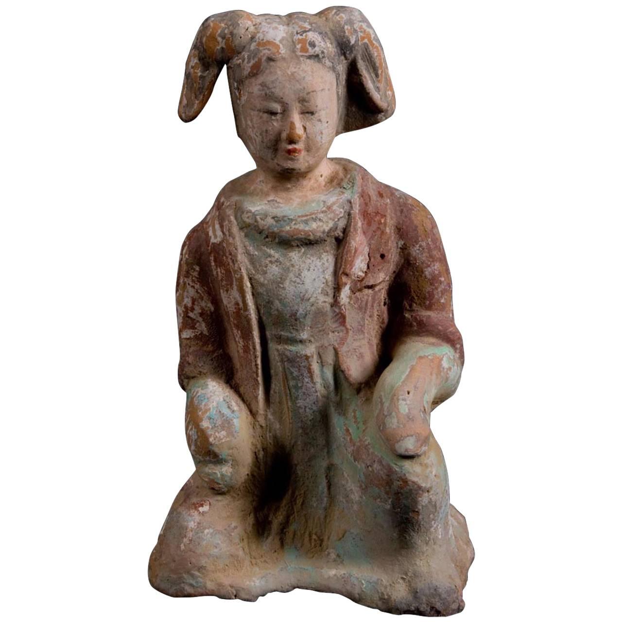 Expressive Court Lady in Orange Terracotta - Wei Dynasty, China '386-557 AD' For Sale