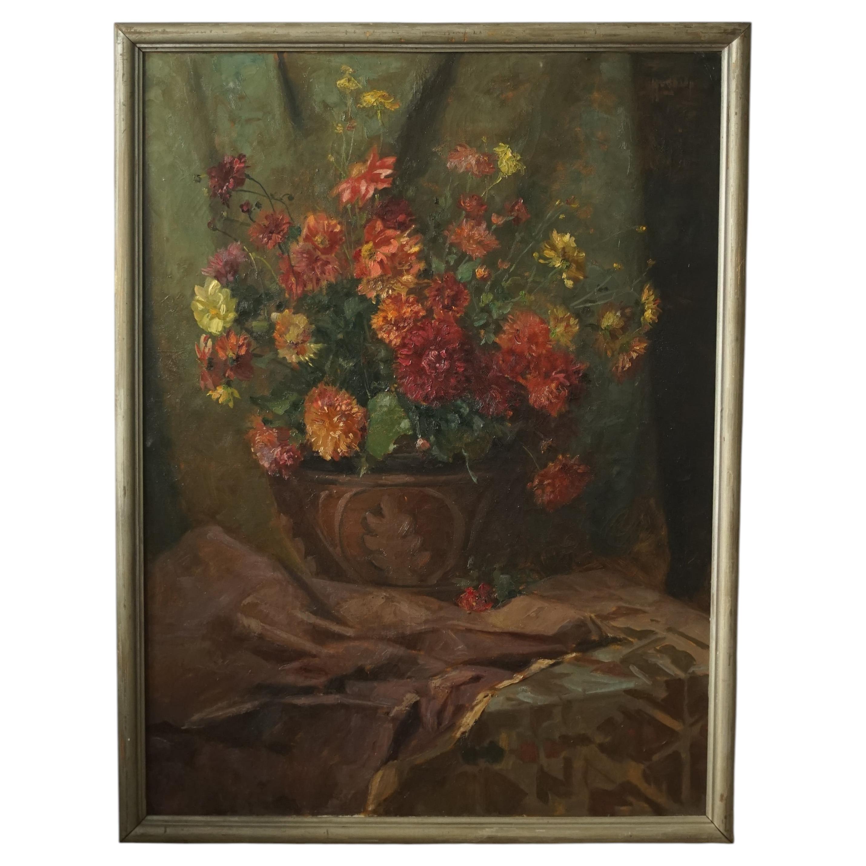 Expressive floral still life with dahlias by Hugo V. Pedersen, 1930s.