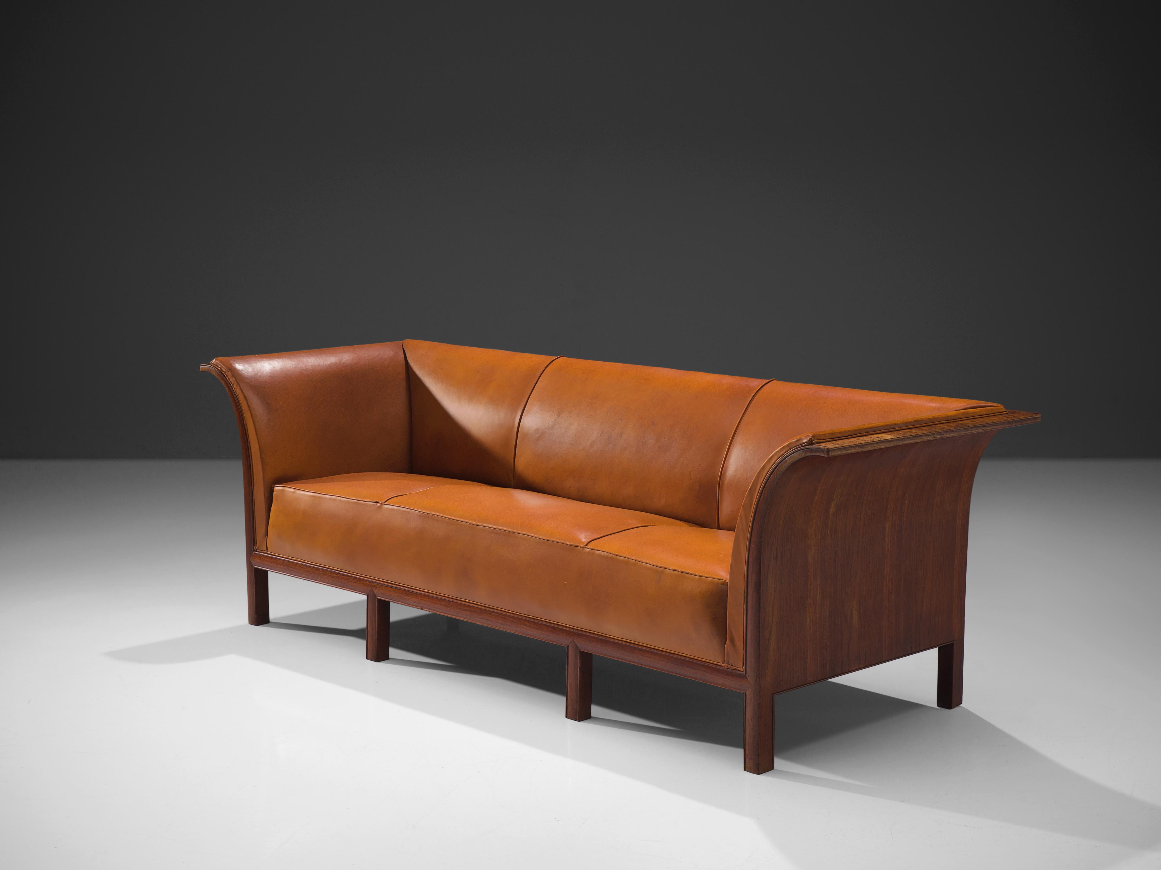 Danish Frits Henningsen Sofa in Teak and Cognac Leather