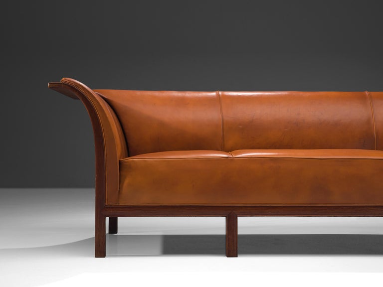 Patinated Frits Henningsen Sofa in Teak and Cognac Leather For Sale