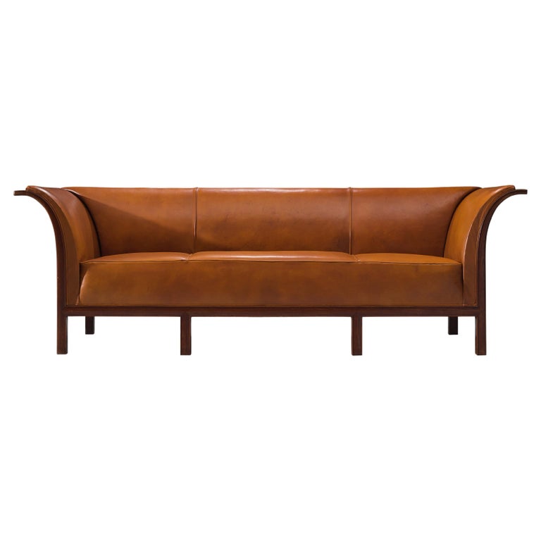 Frits Henningsen Sofa in Teak and Cognac Leather For Sale
