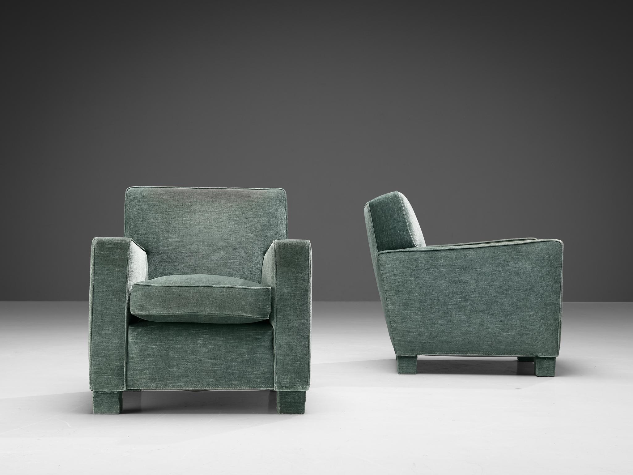 Expressive Pair of Italian Lounge Chairs in Velvet Mint Upholstery 1