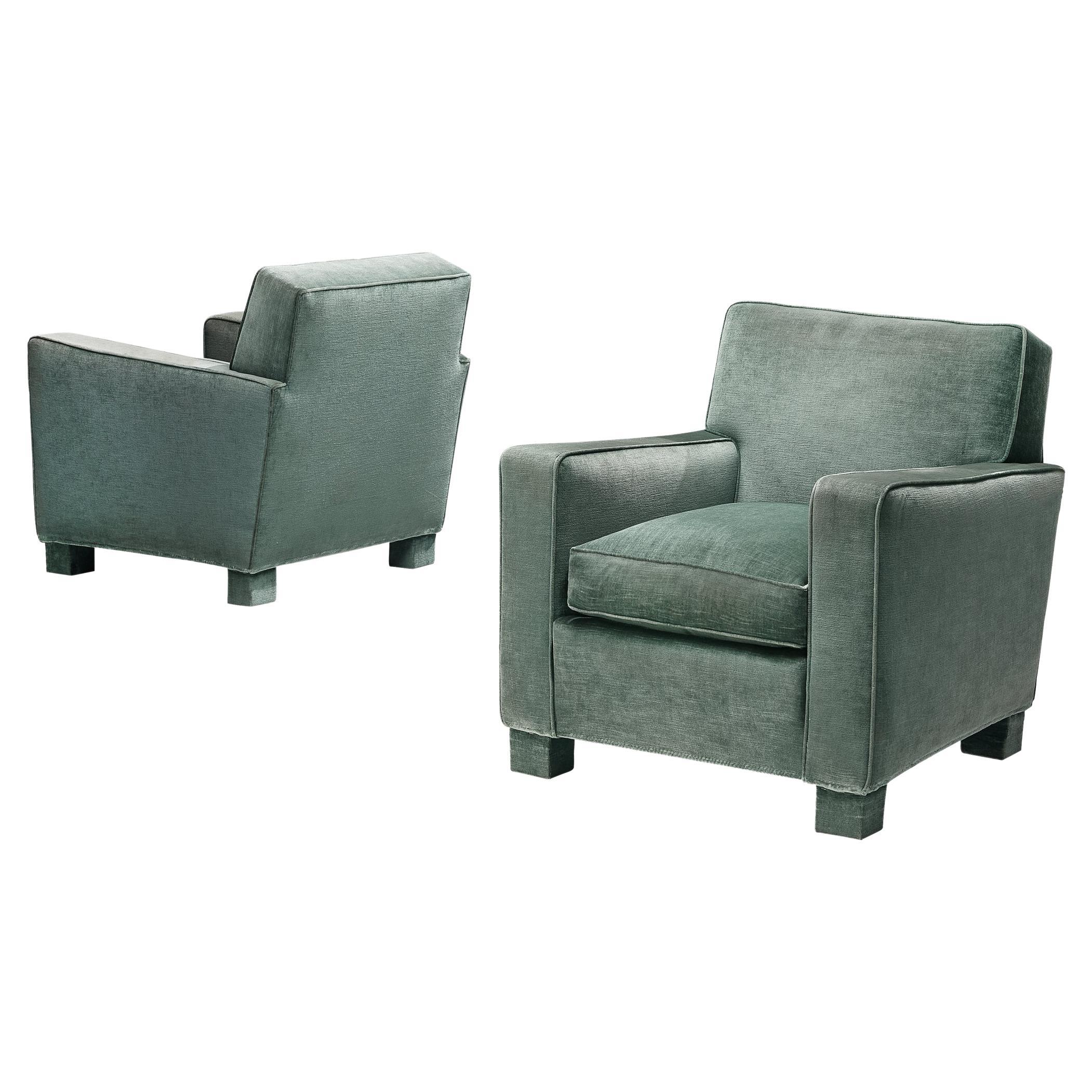 Expressive Pair of Italian Lounge Chairs in Velvet Mint Upholstery