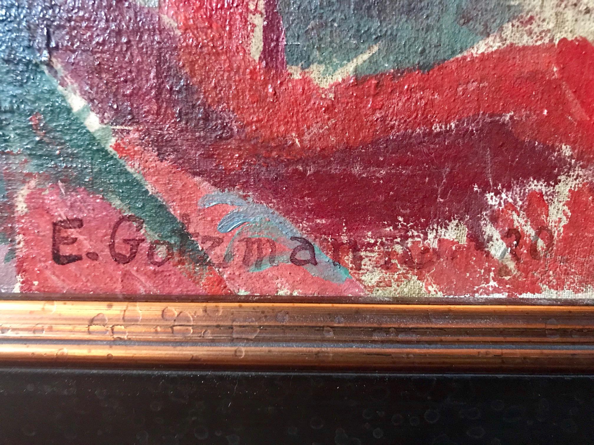 Peinture à l'huile réaliste et expressive Nature morte de tournesols. Signé E. Gotzmann (1881-1950)

Il s'agit d'une exceptionnelle nature morte peinte par Emmy Gotzmann, principale élève de l'artiste allemand Max Pechstein (1881-1955). Elle était