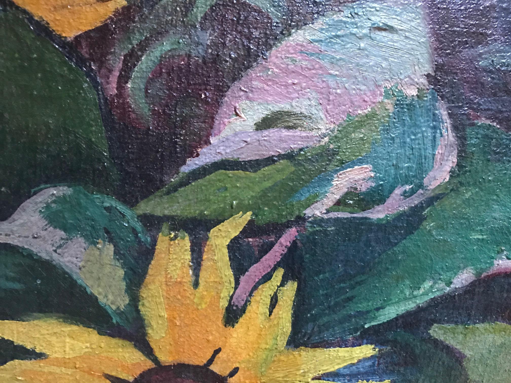 Expressive Realism Oil Painting Still Life Sunflowers, E. Gotzmann In Good Condition For Sale In Vero Beach, FL