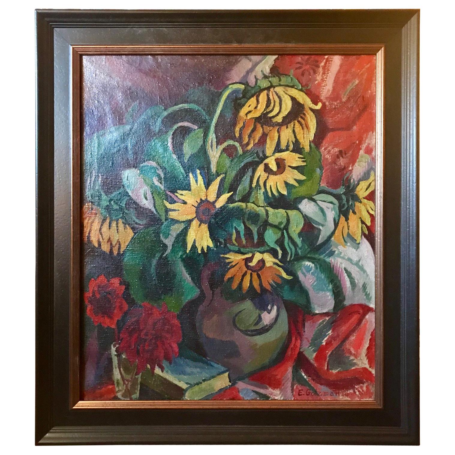 Expressive Realism Oil Painting Still Life Sunflowers, E. Gotzmann For Sale