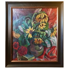 Antique Expressive Realism Oil Painting Still Life Sunflowers, E. Gotzmann