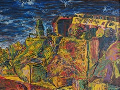 Ausdrucksstarke Stadtlandschaft mit einer Katze von Deagoljub Grkovic, Serbien 1990er Jahre