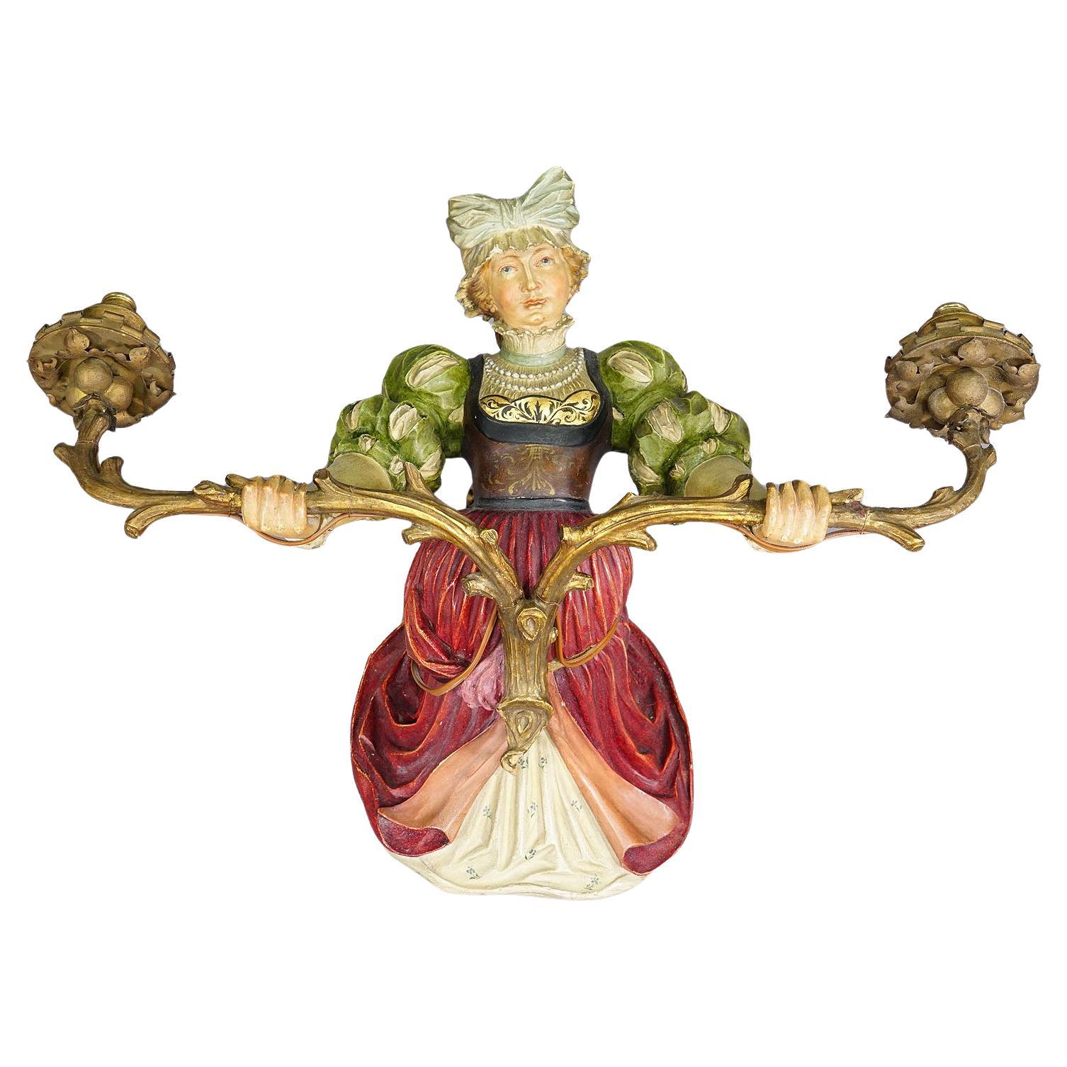 Expressive Wooden Carved Lady Sconce ca. 1900
