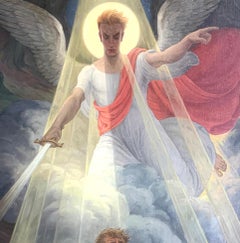 "Expulsión del Edén", pintura monumental Art Decó con desnudos masculinos y femeninos