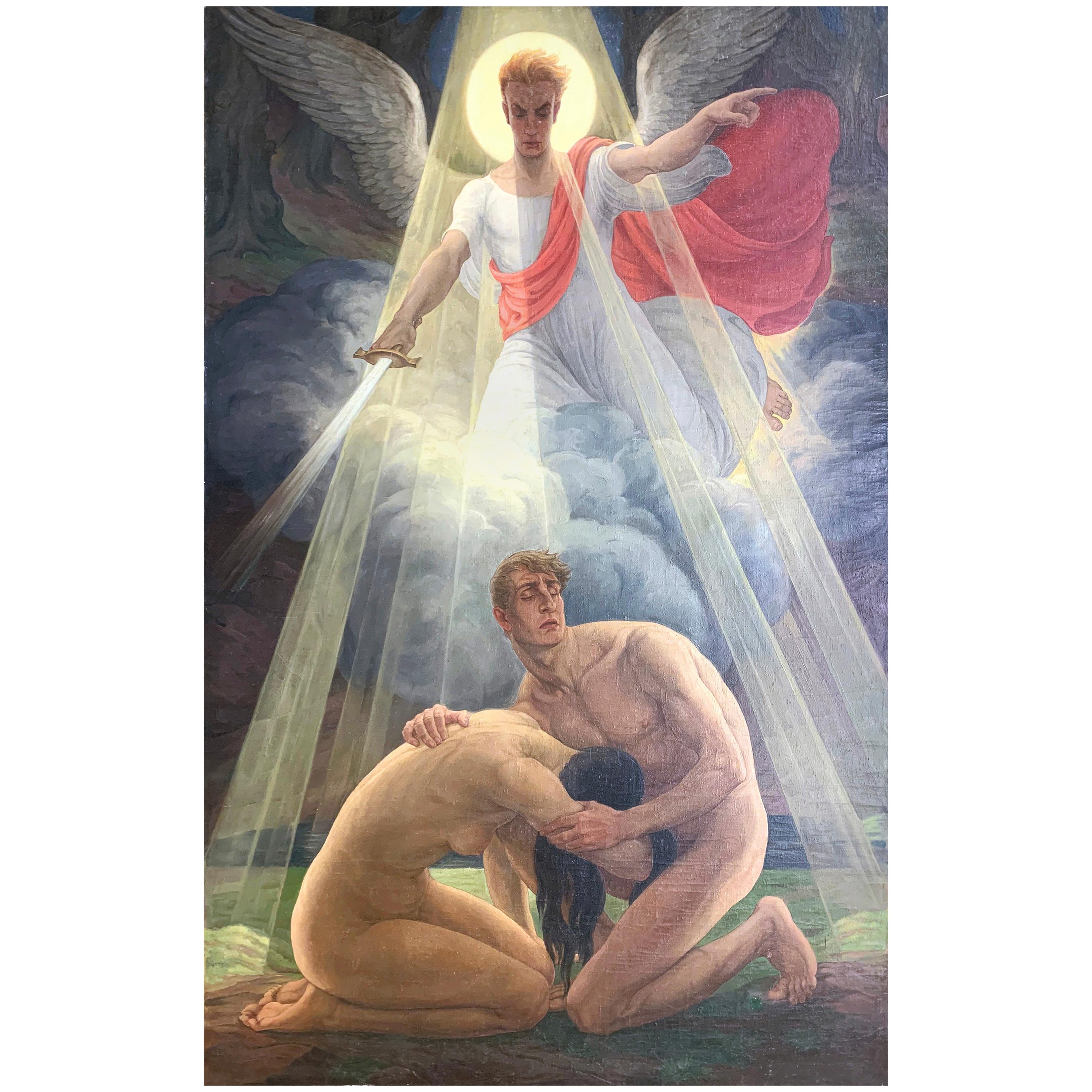 "Expulsión del Edén", pintura monumental Art Decó con Adán y Eva desnudos