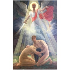 "Expulsion from Eden," Monumental Art Deco Painting with Nude Adam and Eve