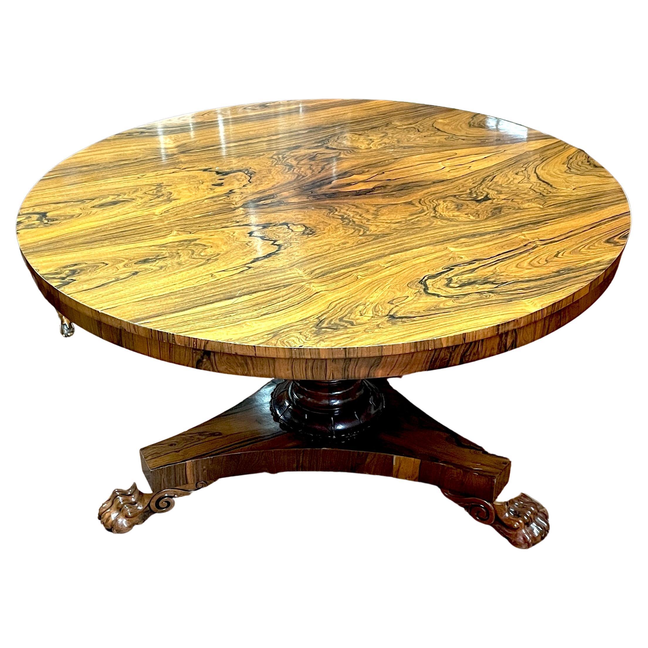 Quite possibly the Finest Period William IV Regency Antique English highly figured bookmatched Rosewood Circular Centre, Breakfast, Foyer or Dining Table.  Seats up to six comfortably. The top is veneered in extraordinarily fine bookmatched rosewood