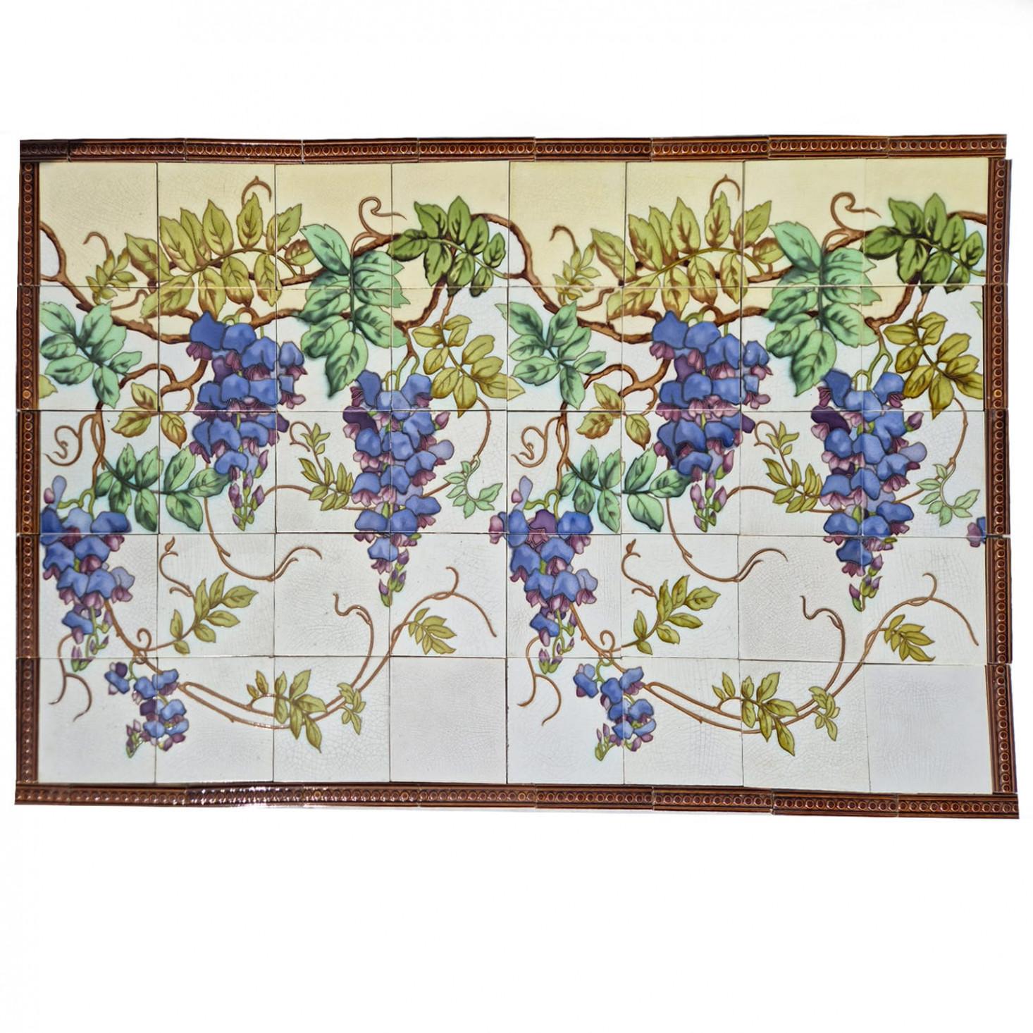 Handmade floral antique tiles whit rich glazed colors. Manufactured around 1920 by Gilliot Hemiksem, Belgium. Complete with edge tiles to fit in as a painting.

These tiles would be charming displayed on easels, framed or incorporated into a custom