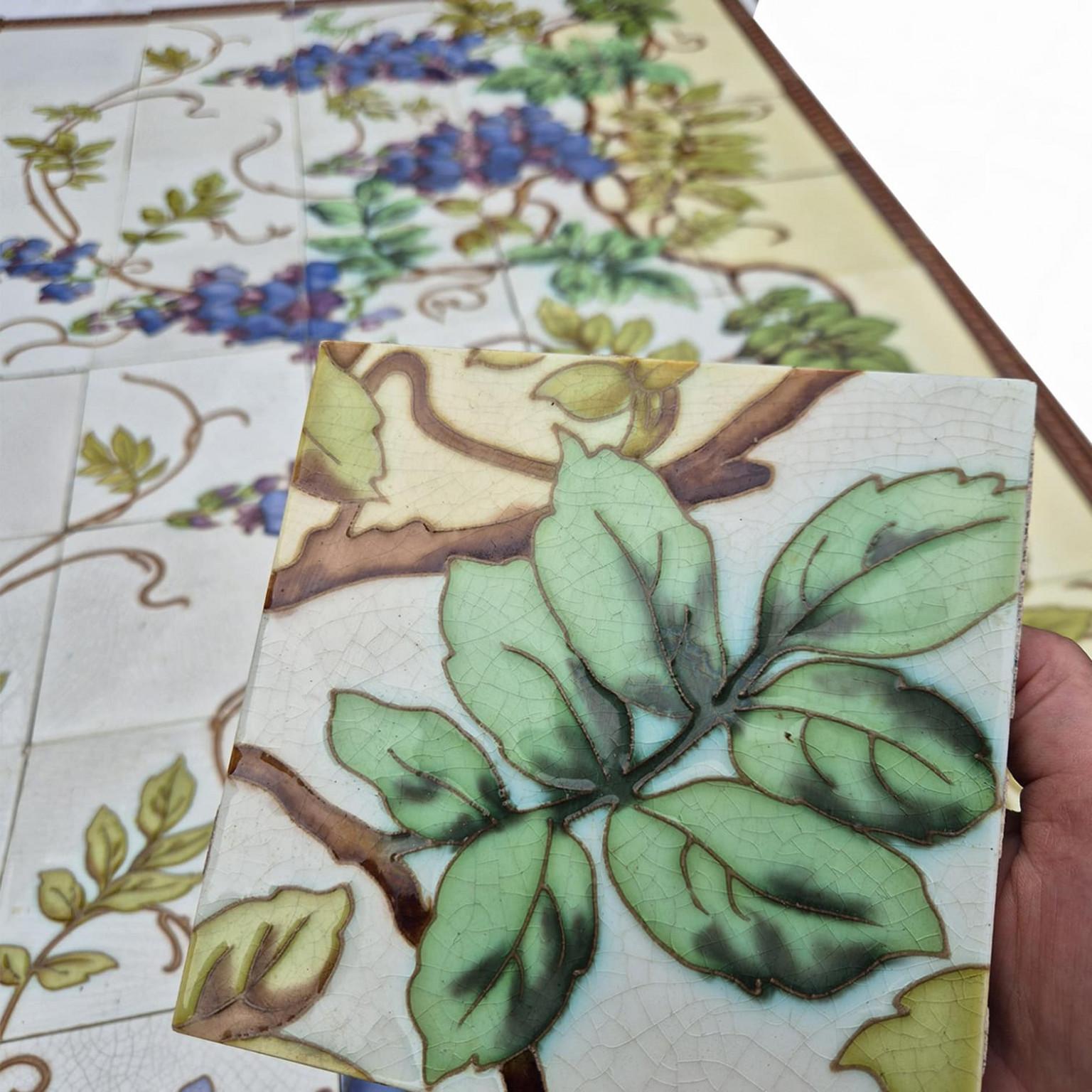 Belgian Exquise Large Panel Of Art Nouveau Glazed Relief Tiles by Gilliot, circa 1920 For Sale