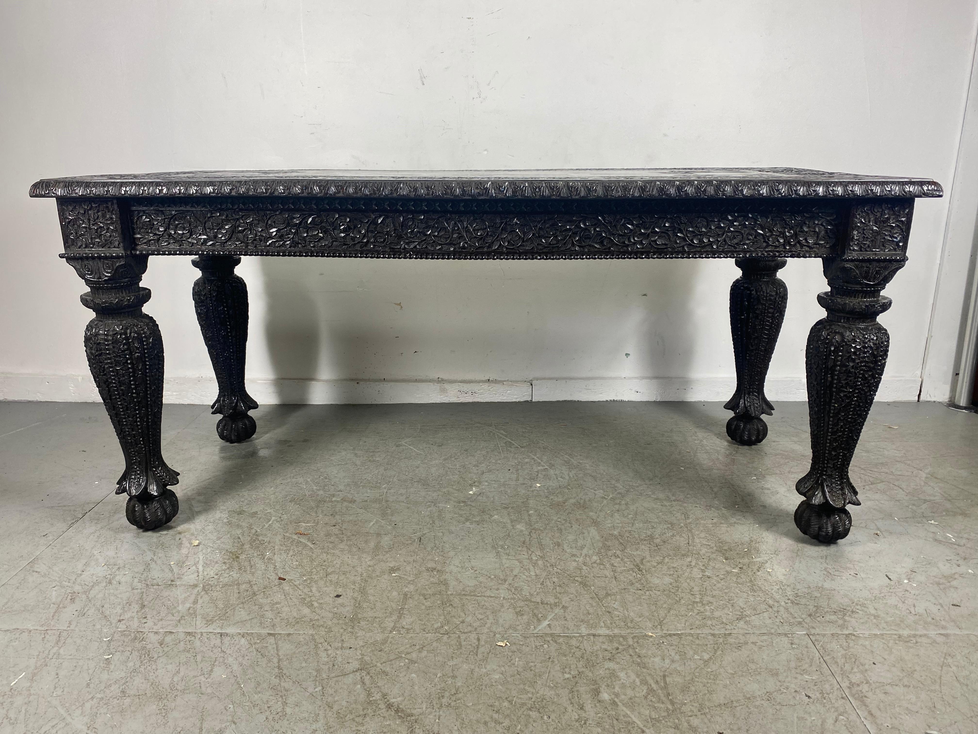 Exquisetly Carved Turn or the Century AngloIndian Table, Dining / Desk / Library 13