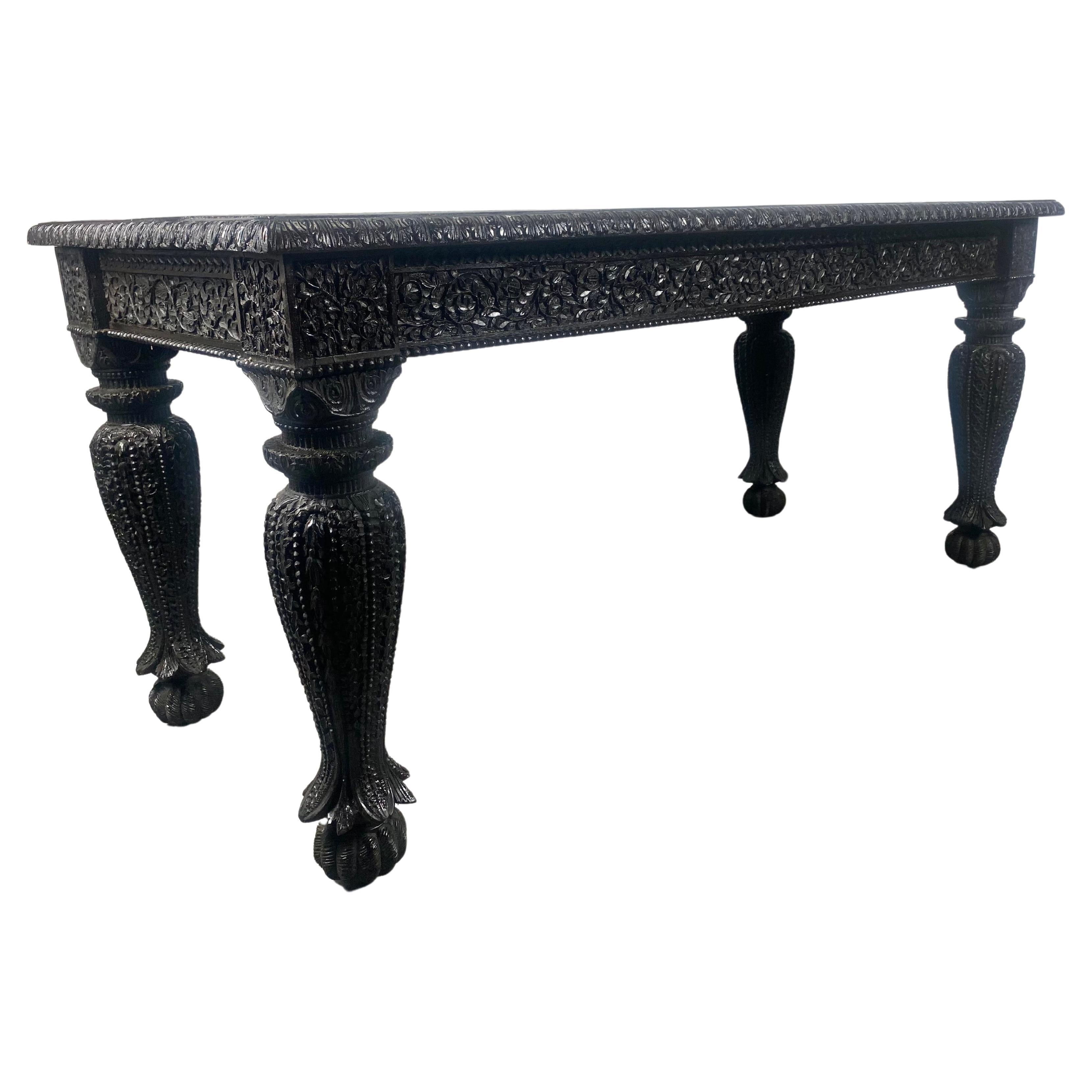 Exquisetly Carved Turn or the Century AngloIndian Table, Dining / Desk / Library