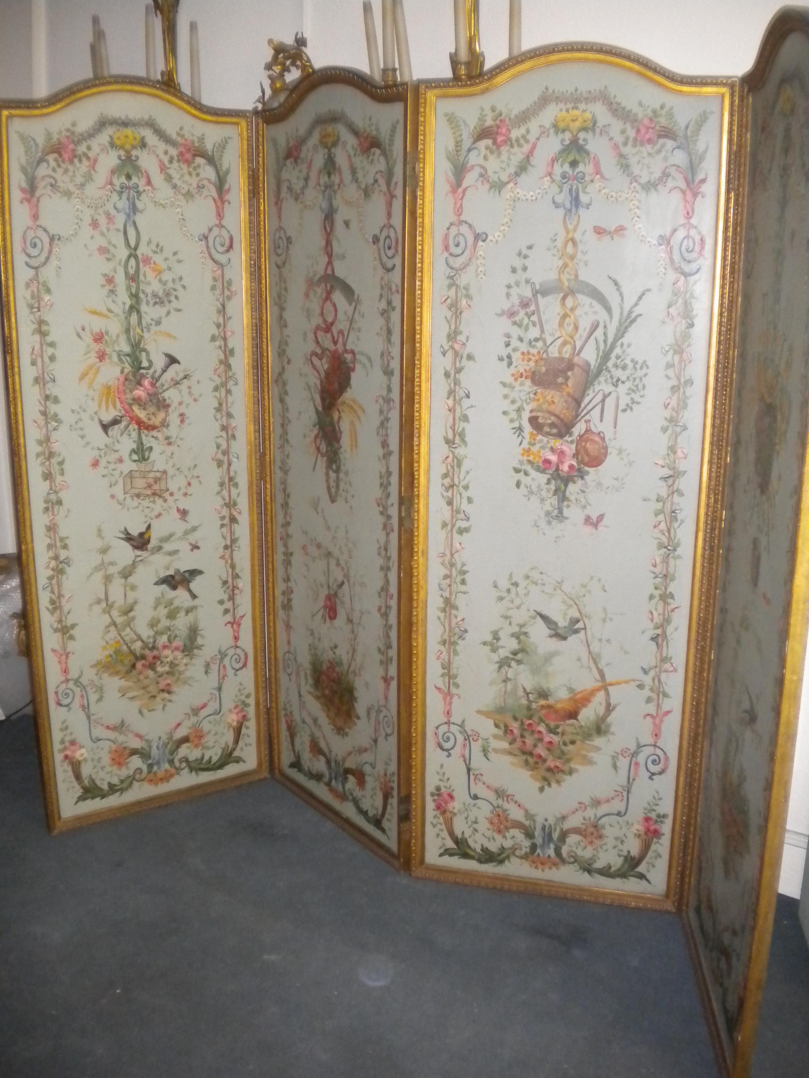 Wunderschöner Raumteiler mit 4 Tafeln, bemalt auf Holz, die 4 Jahreszeiten darstellen (Louis XVI.) im Angebot