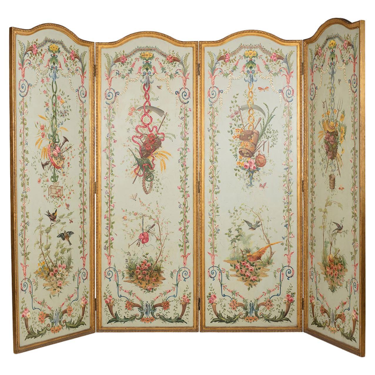 magnificent 4 Panel Screen Painted on Wood Depicting the 4 Saisons For Sale