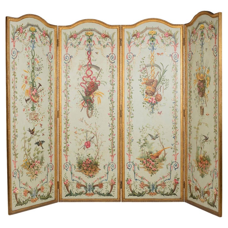 magnificent 4 Panel Screen Painted on Wood Depicting the 4 Saisons For Sale