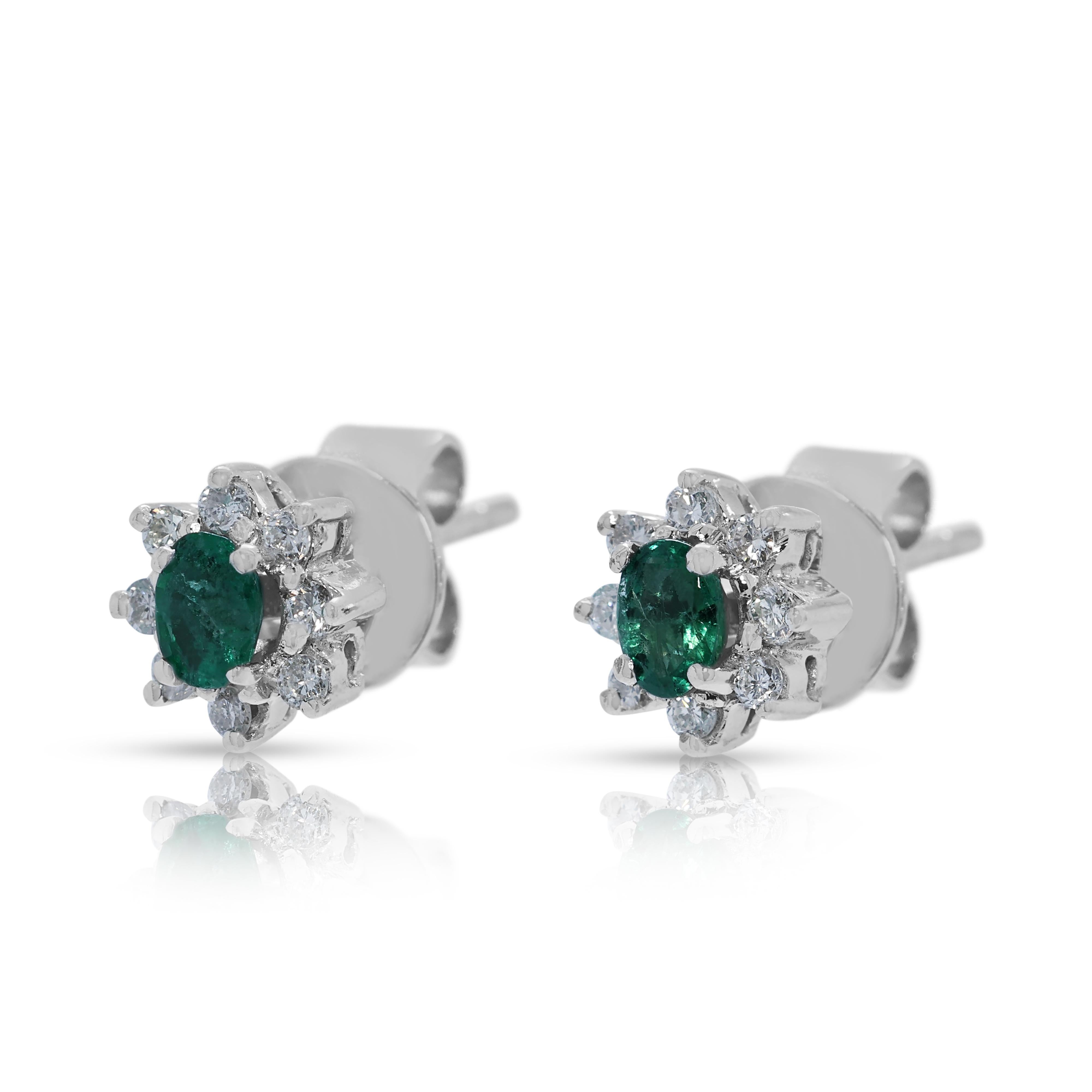 Exquisite 0.30ct Emerald & Diamond Halo Stud Earrings in 18k White Gold In condizioni ottime in vendita a רמת גן, IL