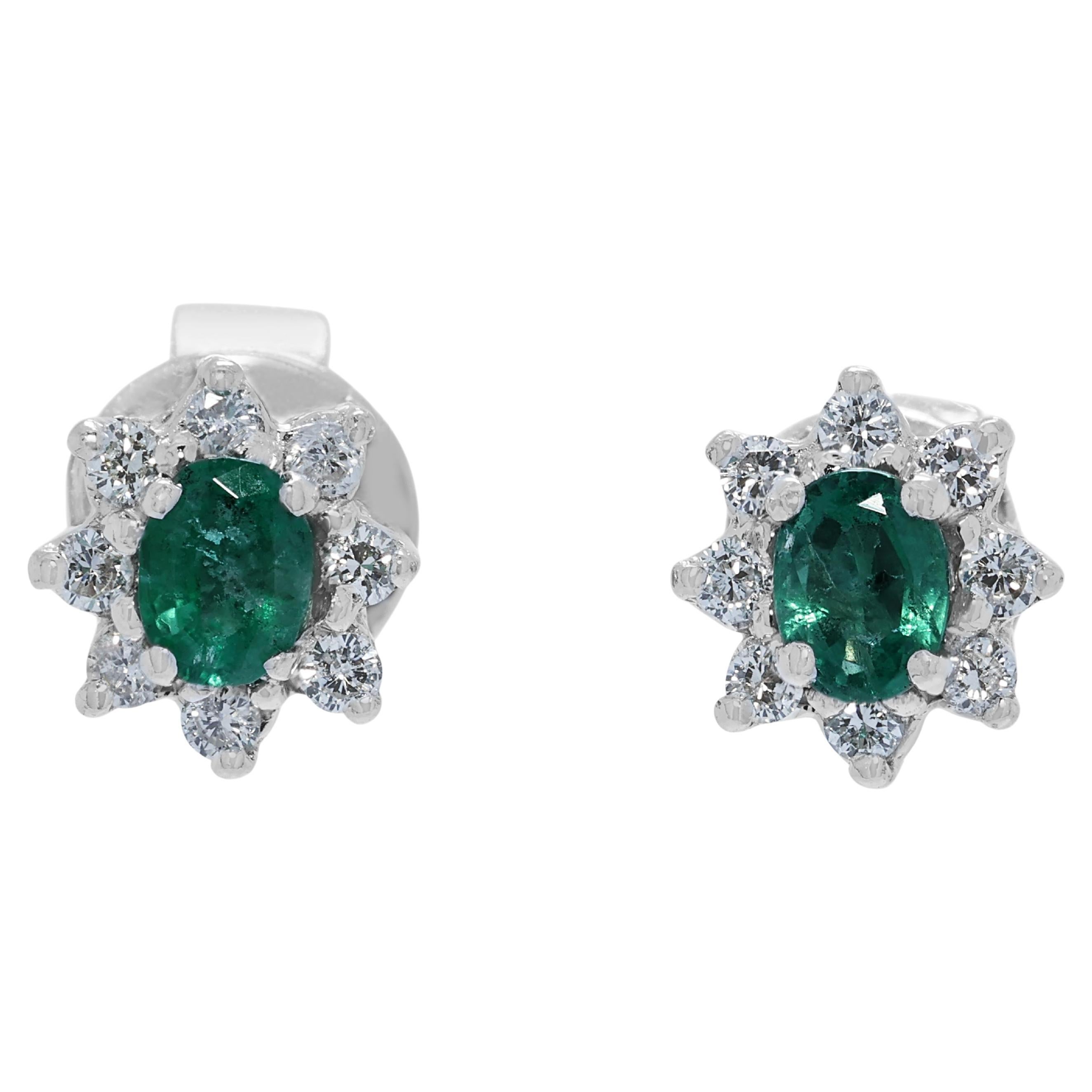 Exquisite 0.30ct Emerald
Diamond Halo Stud Earrings in 18k White Gold