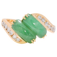 Squisito anello con diamante naturale da 0,35 carati e pietra gemella di giada in oro giallo 20 carati