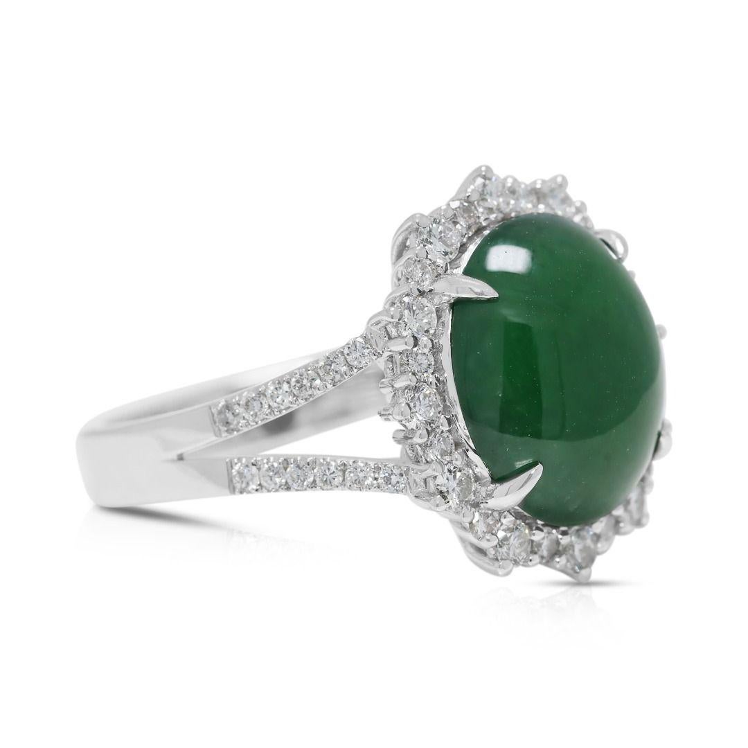 Exquisite 0.48ct Natural Diamond & Jade 18K White Gold Ring (Rundschliff) im Angebot