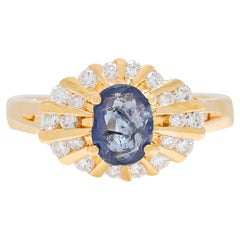 Exquisite 0.52ct Diamond and Oval Blue Sapphire Sunburst Ring in 20K Yellow Gold