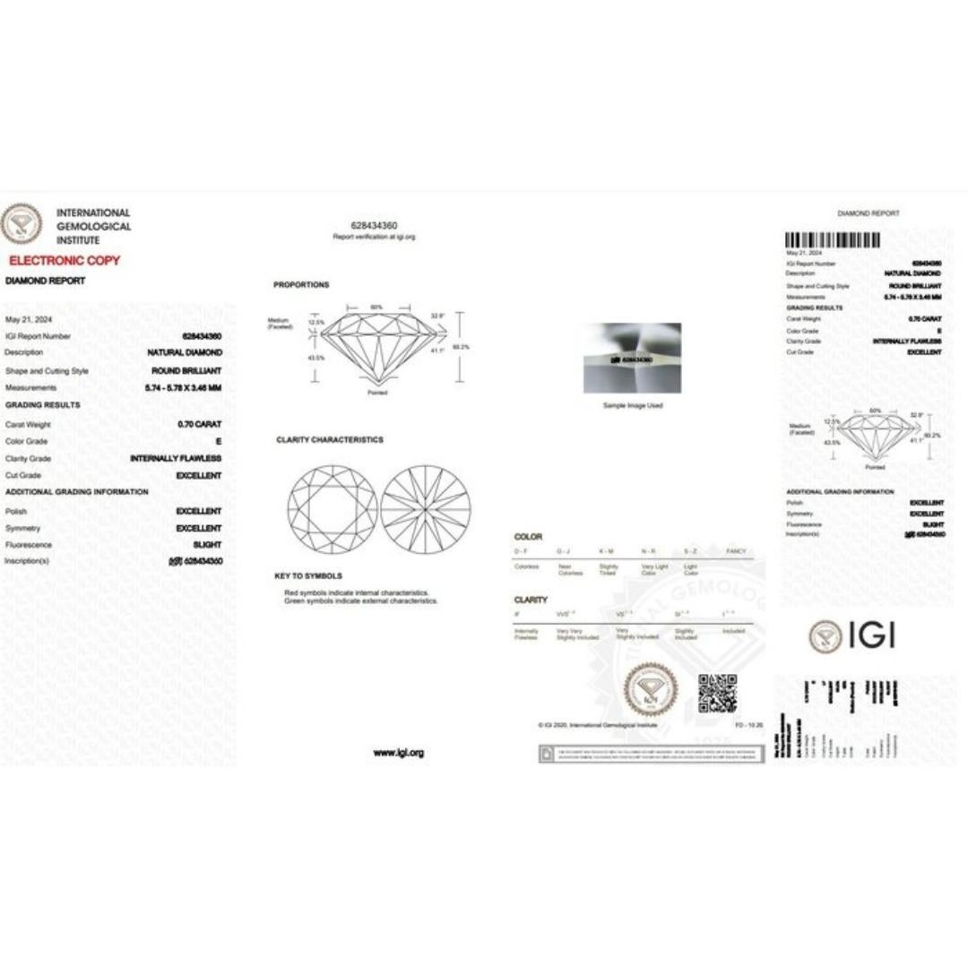 Round Cut Exquisite 0.70ct Triple Excellent Ideal Cut Round Diamond - IGI Certified For Sale