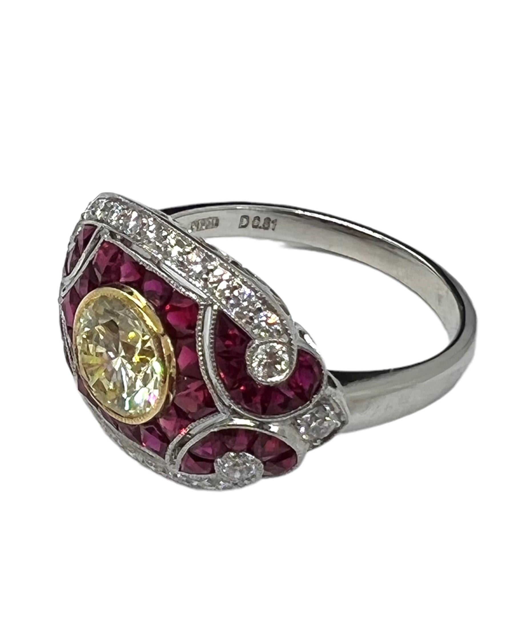 Art Deco Sophia D, 0.81 Carat Yellow Diamond and 1.25 Carat Ruby Ring set in Platinum For Sale