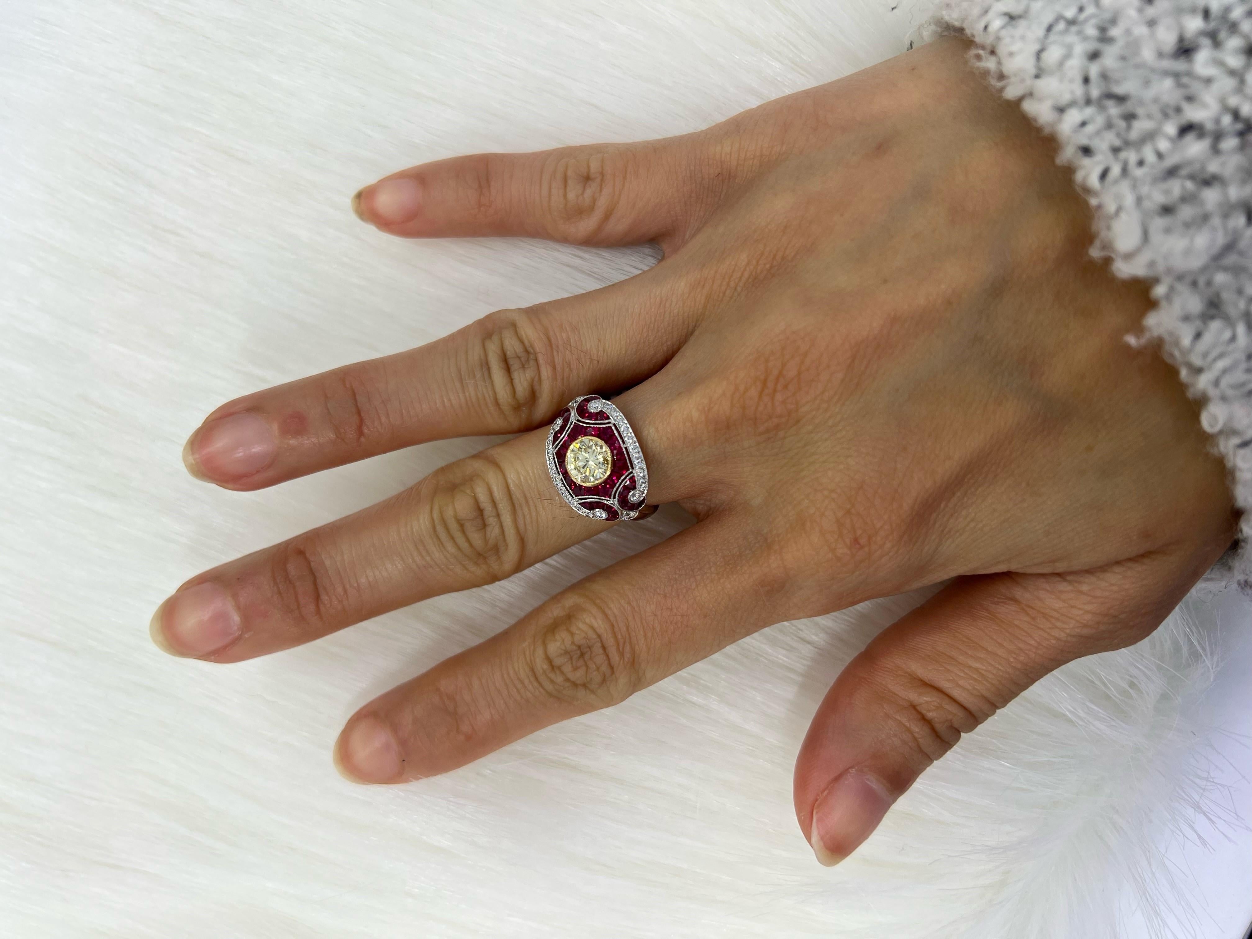 Sophia D, 0.81 Carat Yellow Diamond and 1.25 Carat Ruby Ring set in Platinum In New Condition For Sale In New York, NY