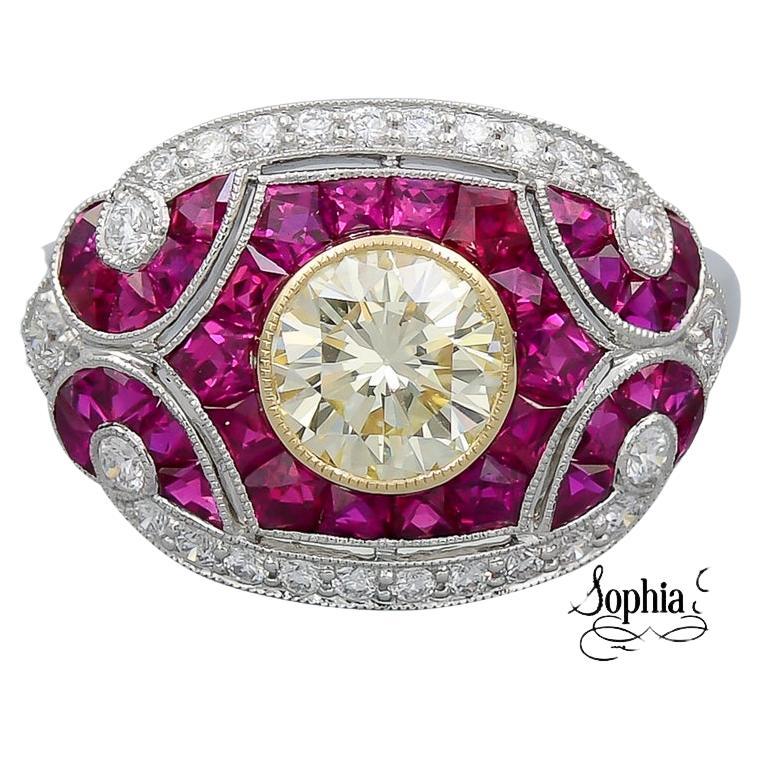 Sophia D, 0.81 Carat Yellow Diamond and 1.25 Carat Ruby Ring set in Platinum