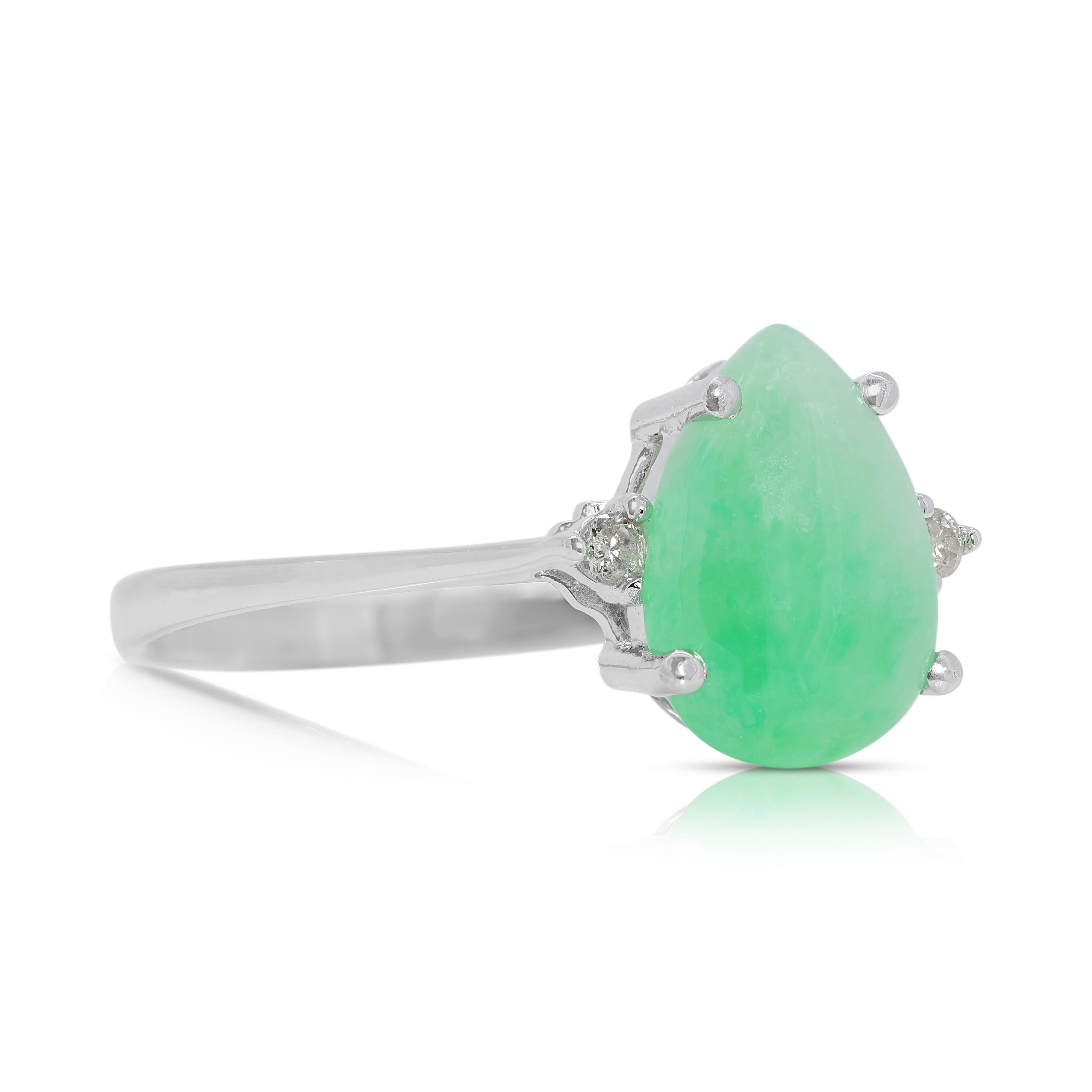 Pear Cut Exquisite 1 carat & 33 points Jade Ring with Natural Diamonds in 18K White Gold For Sale