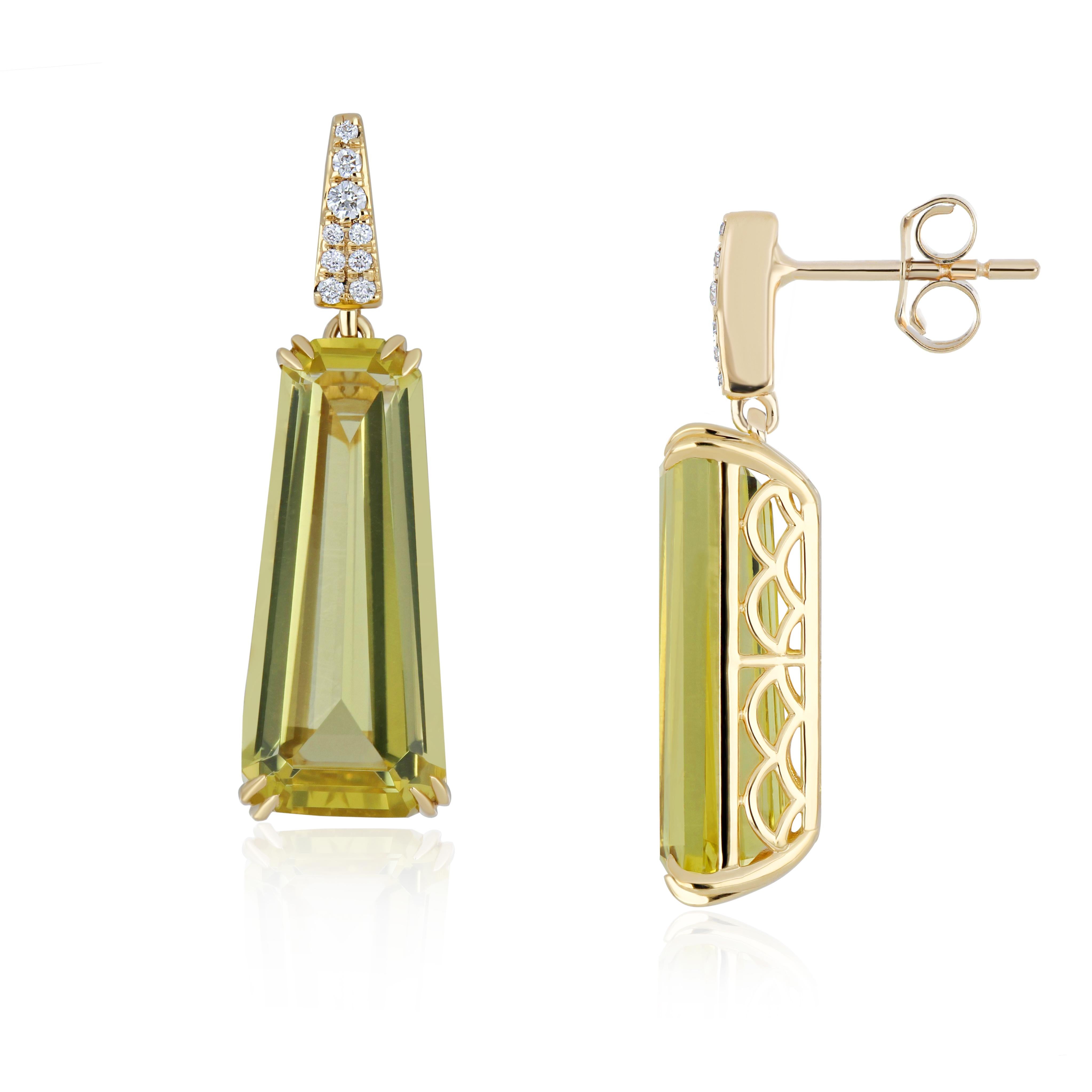 Indulge in Opulence: Magnificently Crafted 18 Karat Yellow Gold Earrings, Adorned with a Resplendent 10.0 Cts (approx.) Fancy-Cut Lemon Quartz at the Heart, Complemented by Micro-Pave Diamonds Weighing Approximately 0.09CTs. Each Earring a Testament