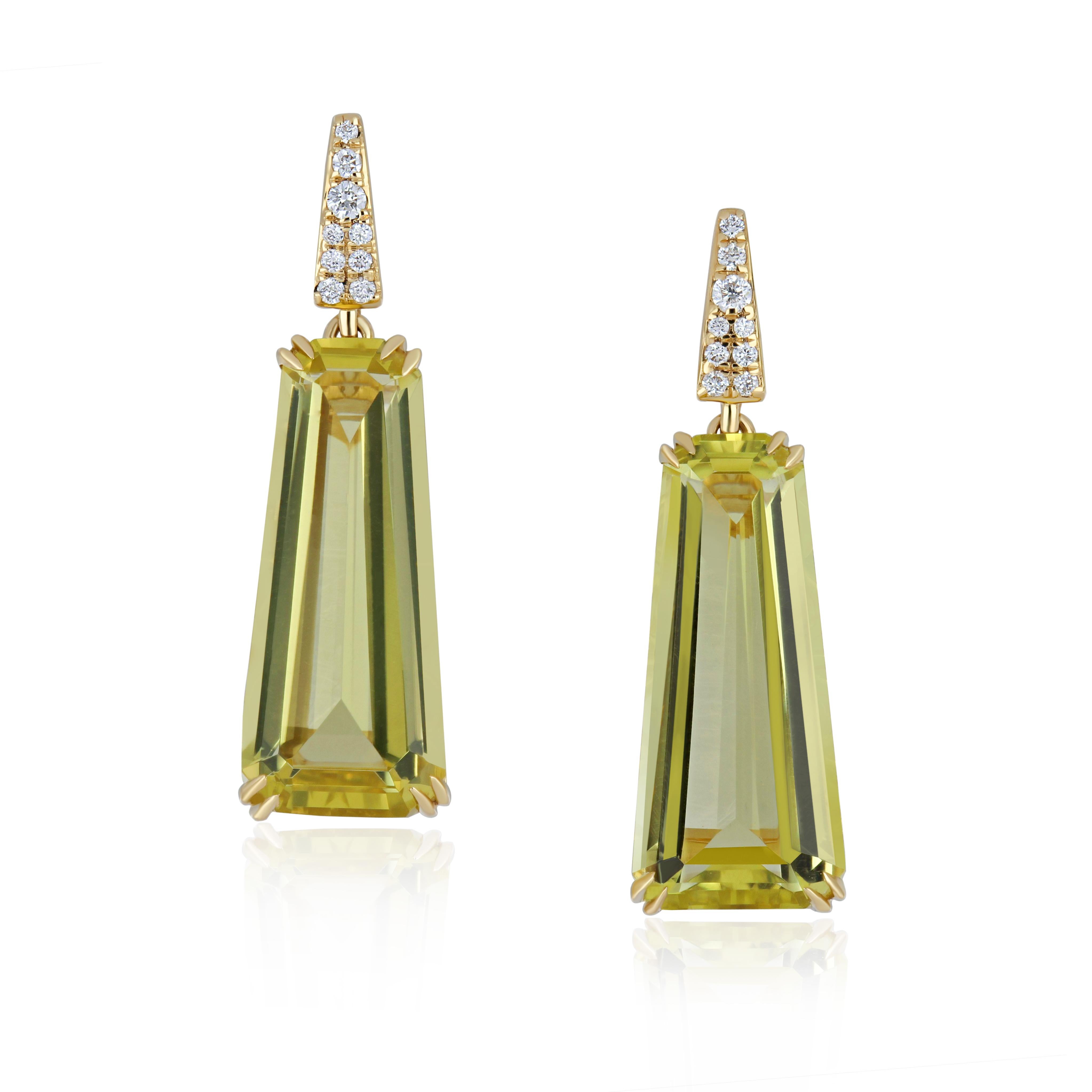Mixed Cut Exquisite 10.0 cts Lemon Quartz & Diamond Earrings, Handcrafted in 18K Gold For Sale