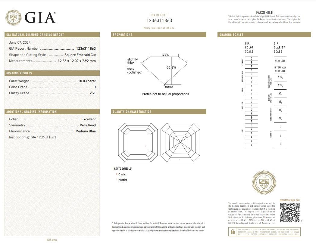 Exquisiter quadratischer Diamant mit 10.03ct Idealschliff - GIA zertifiziert

Entdecken Sie die atemberaubende Schönheit dieses quadratischen Diamanten von 10,03 Karat. Dieser vom GIA zertifizierte Diamant garantiert außergewöhnliche Qualität und