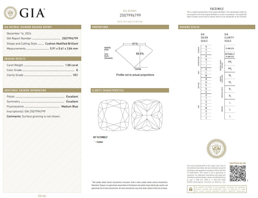 Squisito diamante doppio eccellente a forma di cuscino con taglio ideale da 1.00 carati - certificato GIA

Un perfetto equilibrio di brillantezza e bellezza, questo diamante da 1,00 ct con taglio a cuscino è certificato GIA e presenta il